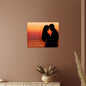 "High gloss metal art print of a couple on the beach at sunset with the iconic song lyrics from George Strait, "You'll always be the miracle that makes my life complete. As long as there's a breath in me I'll make yours just as sweet. As we look into the future it's as far as we can see. So let's make each tomorrow the best that it can be. I cross my heart and promise to give all I've got to give to make all your dreams come true. In all the world you'll never find a love as true as mine"