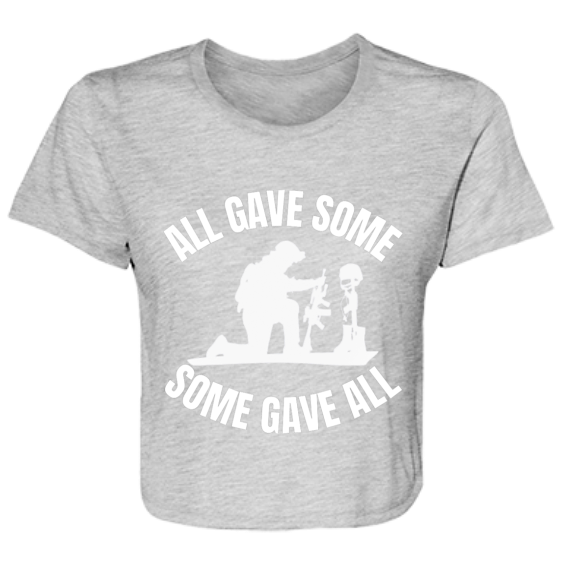 athletic heather women's flowy cropped tee featuring a kneeling soldier and heartfelt quote 'All gave some, some gave all' - stylish casual shirt for patriotic women