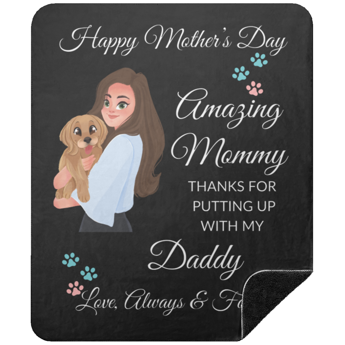 Premium black sherpa blanket for Mother's Day with silky smooth black front and fluffy black sherpa back, featuring a heartfelt message for mom.