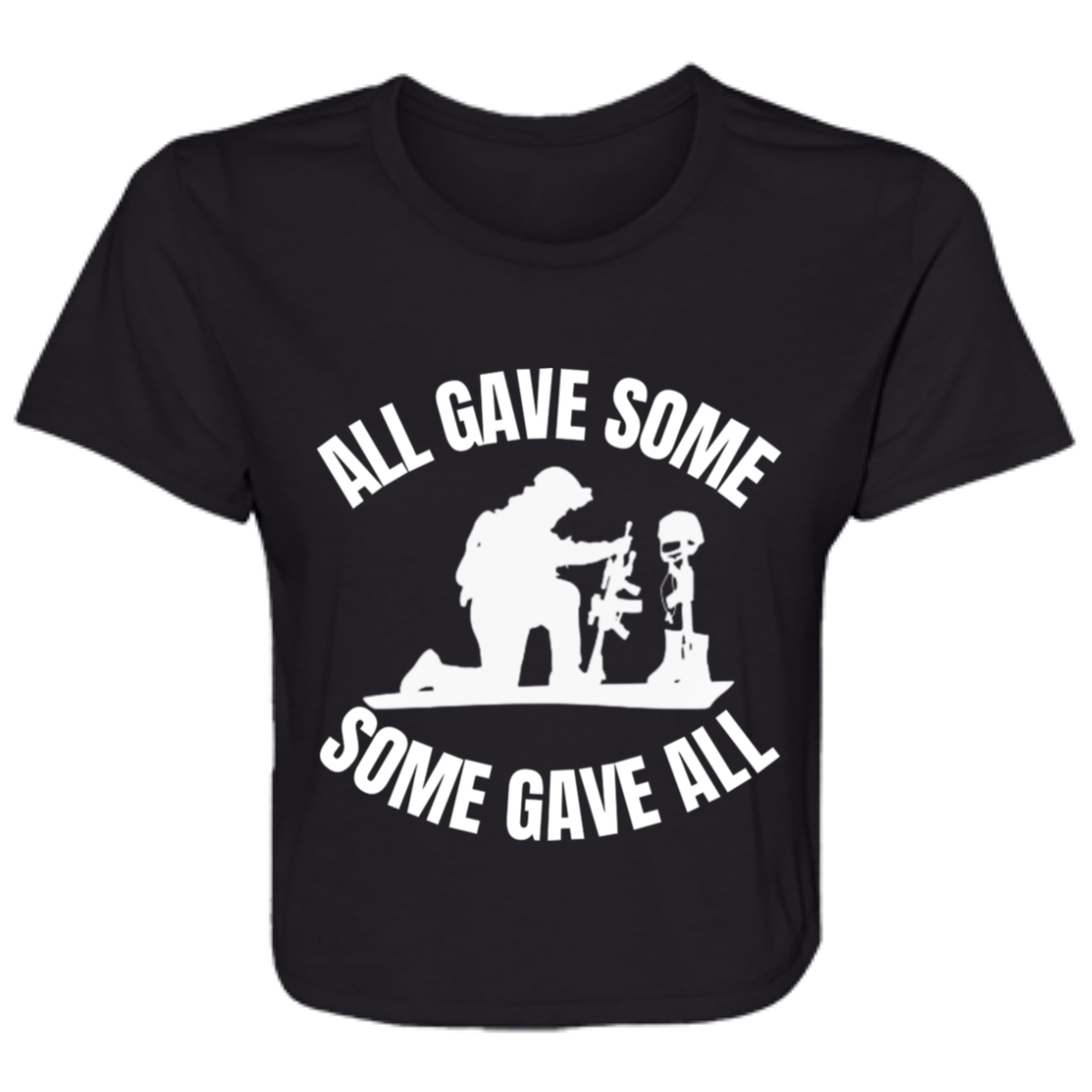 Black women's flowy cropped tee featuring a kneeling soldier and heartfelt quote 'All gave some, some gave all' - stylish casual shirt for patriotic women