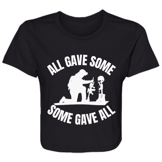 Black women's flowy cropped tee featuring a kneeling soldier and heartfelt quote 'All gave some, some gave all' - stylish casual shirt for patriotic women