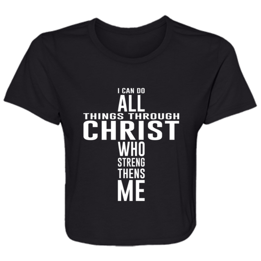 Black women's flowy cropped tee featuring a heartfelt quote 'I can do all things through Christ who strengthens me' formatted in the shape of the cross - stylish casual shirt for faith filled women