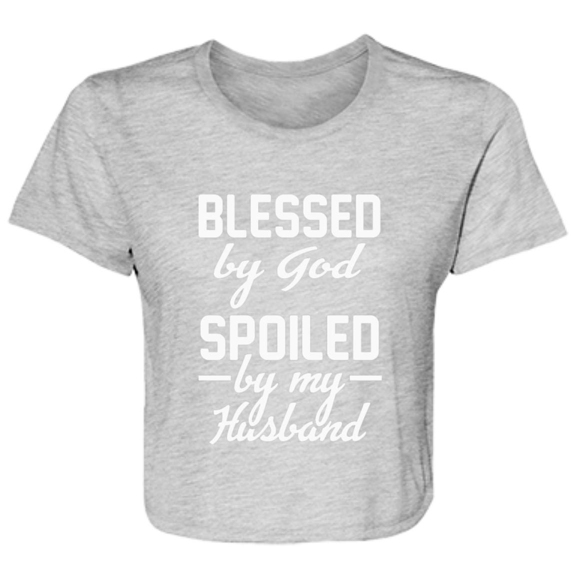 Women's athletic heather flowy cropped tee with the text 'Blessed by God, Spoiled by My Husband' in stylish print, made from soft poly blend fabric.