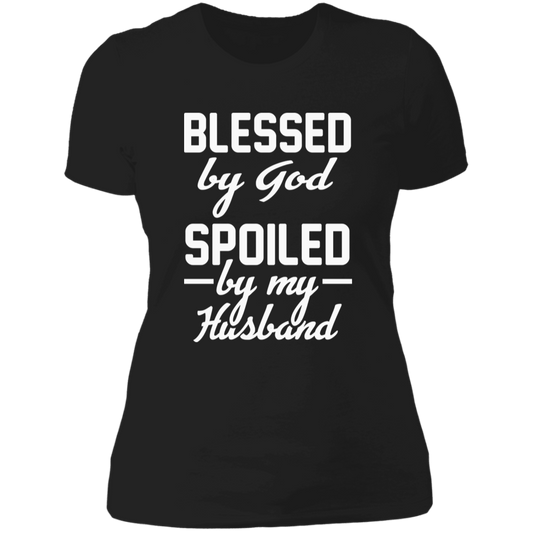 Women's slim fit black cotton tee with the text 'Blessed by God, Spoiled by My Husband' showcasing comfort and style.