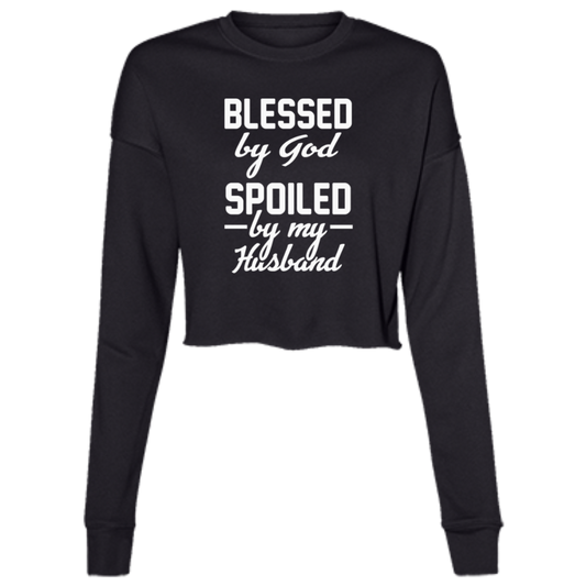 Women's long sleeve black fleece crew top with the text "Blessed by God, spoiled by my husband," featuring a relaxed fit and cozy design.