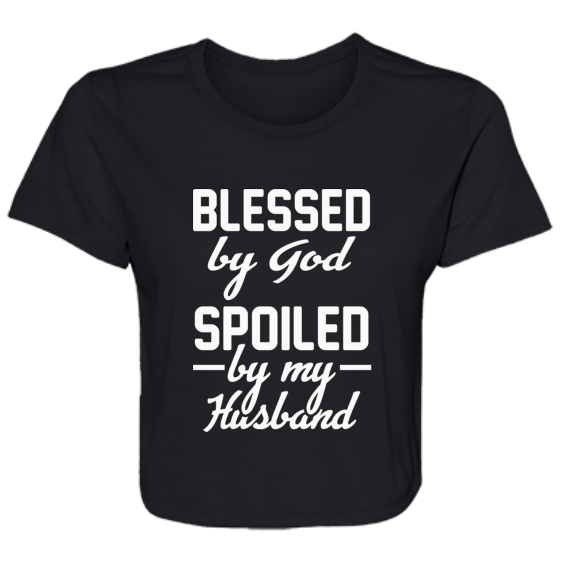 Women's black flowy cropped tee with the text 'Blessed by God, Spoiled by My Husband' in stylish print, made from soft poly blend fabric.