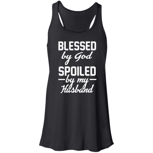 Women's black flowy racerback tank top with the phrase 'Blessed by God, Spoiled by My Husband' displayed in a stylish font, showcasing a flattering draped silhouette.