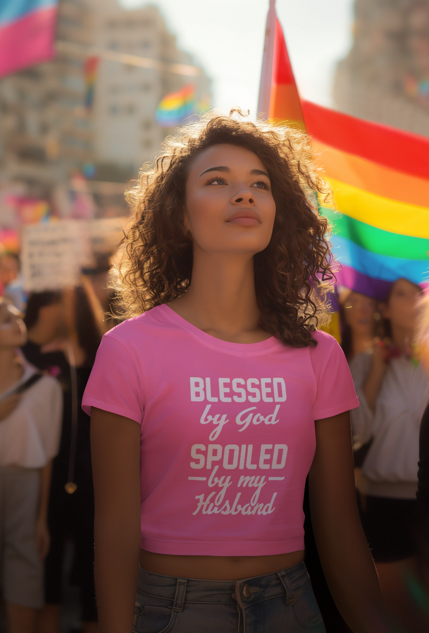 Women's mauve flowy cropped tee with the text 'Blessed by God, Spoiled by My Husband' in stylish print, made from soft poly blend fabric.