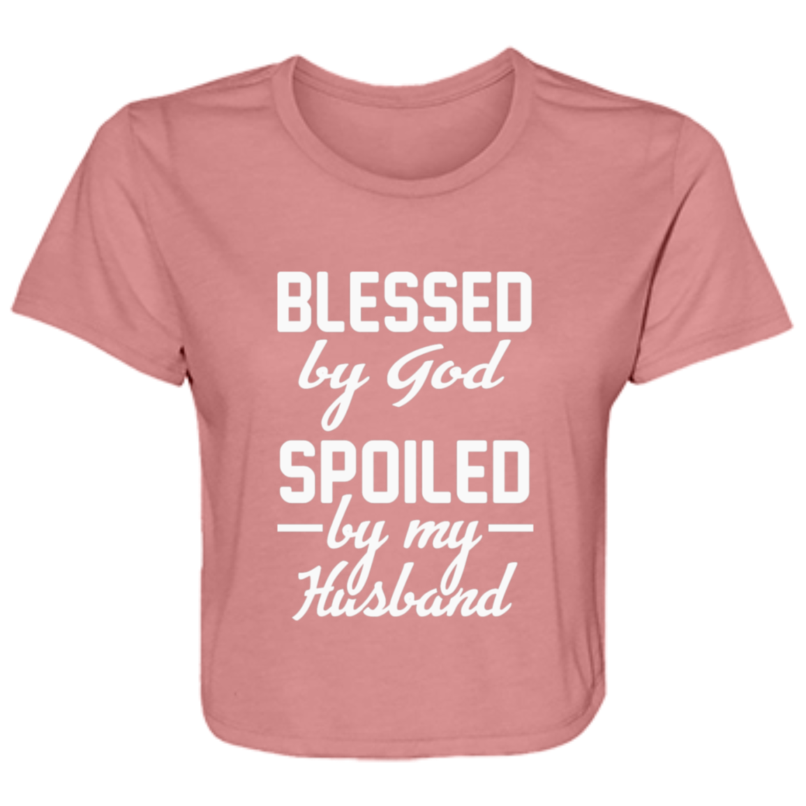 Women's mauve flowy cropped tee with the text 'Blessed by God, Spoiled by My Husband' in stylish print, made from soft poly blend fabric.