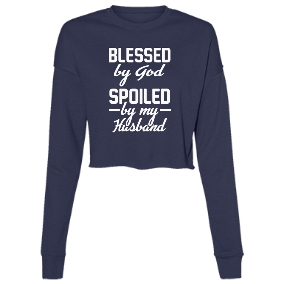 Women's long sleeve navy fleece crew top with the text "Blessed by God, spoiled by my husband," featuring a relaxed fit and cozy design.