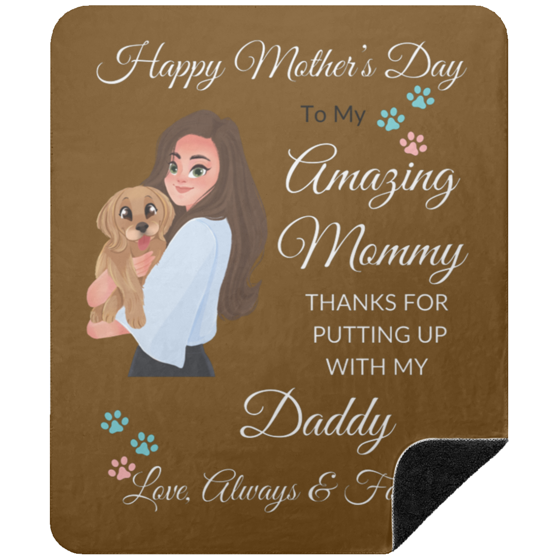 Premium black sherpa blanket for Mother's Day with silky smooth brown front and fluffy black sherpa back, featuring a heartfelt message for mom.