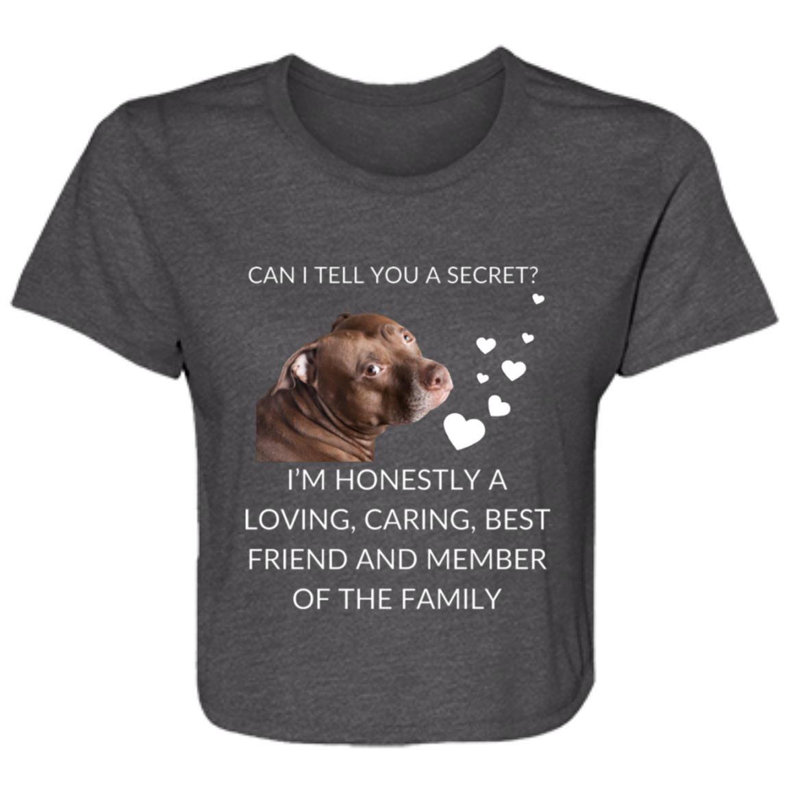 Women's dark grey heather flowy cropped tee featuring the text 'Can I Tell You a Secret? I'm Honestly a Loving, Caring, Best Friend and Member of the Family' with a Pitbull photo, made from soft poly blend fabric.