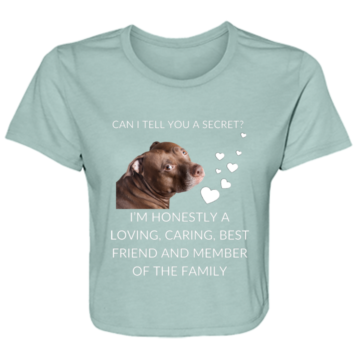 Women's dusty blue flowy cropped tee featuring the text 'Can I Tell You a Secret? I'm Honestly a Loving, Caring, Best Friend and Member of the Family' with a Pitbull photo, made from soft poly blend fabric.