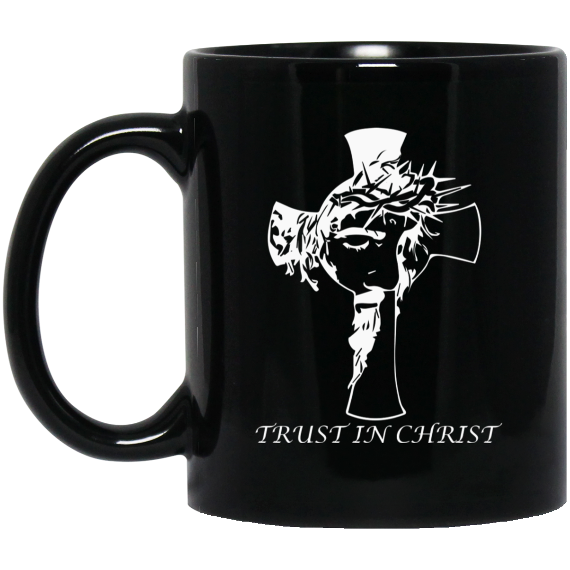 High-quality 11oz black ceramic mug featuring the image of Christ inside a cross with the message “Trust in Christ,”