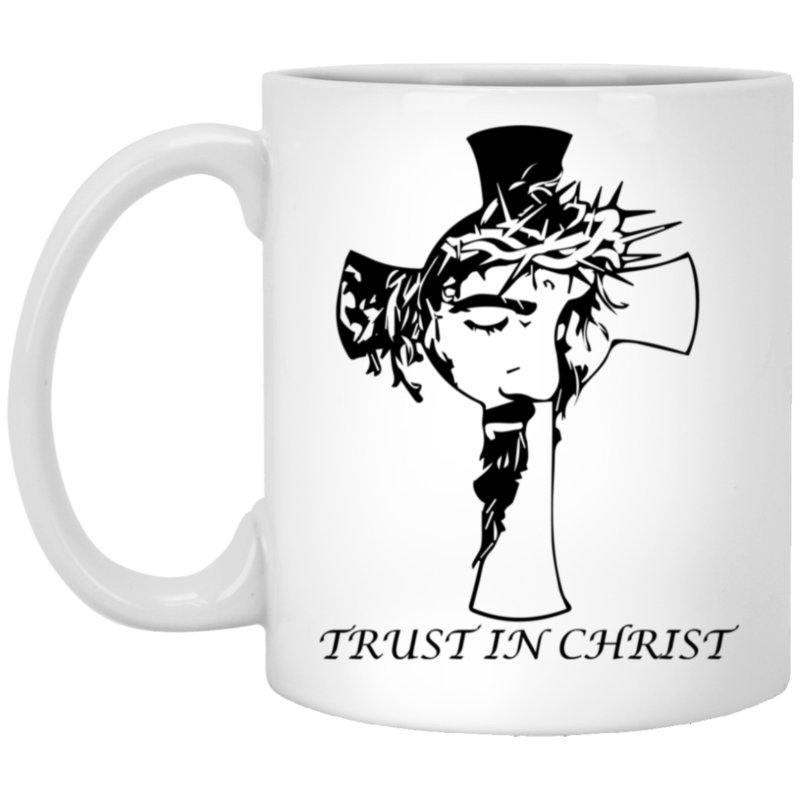 High-quality 11oz white ceramic mug featuring the image of Christ inside a cross with the message “Trust in Christ,”