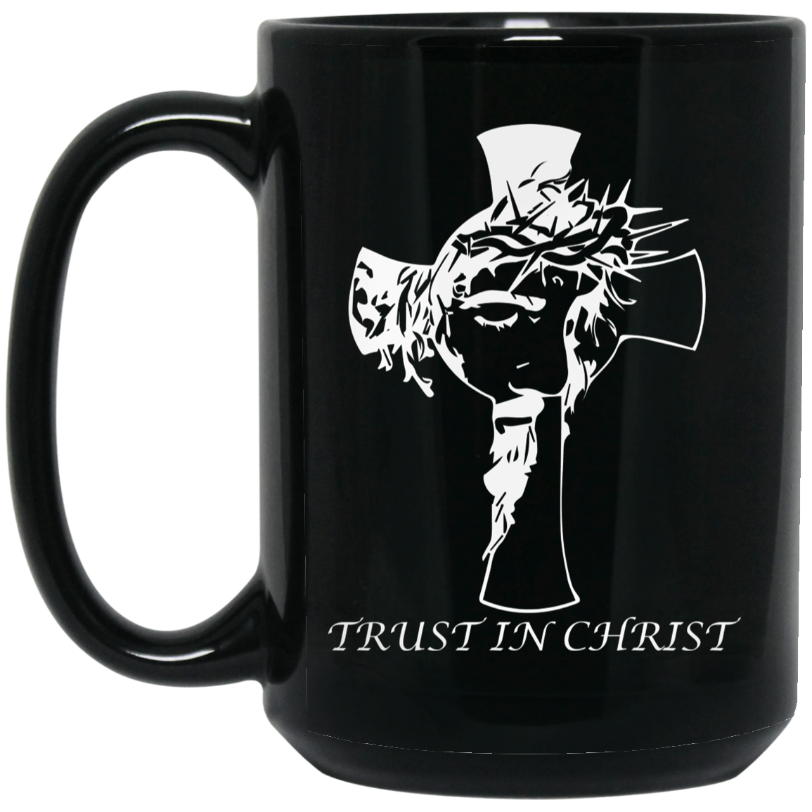 High-quality 15oz black ceramic mug featuring the image of Christ inside a cross with the message “Trust in Christ,”