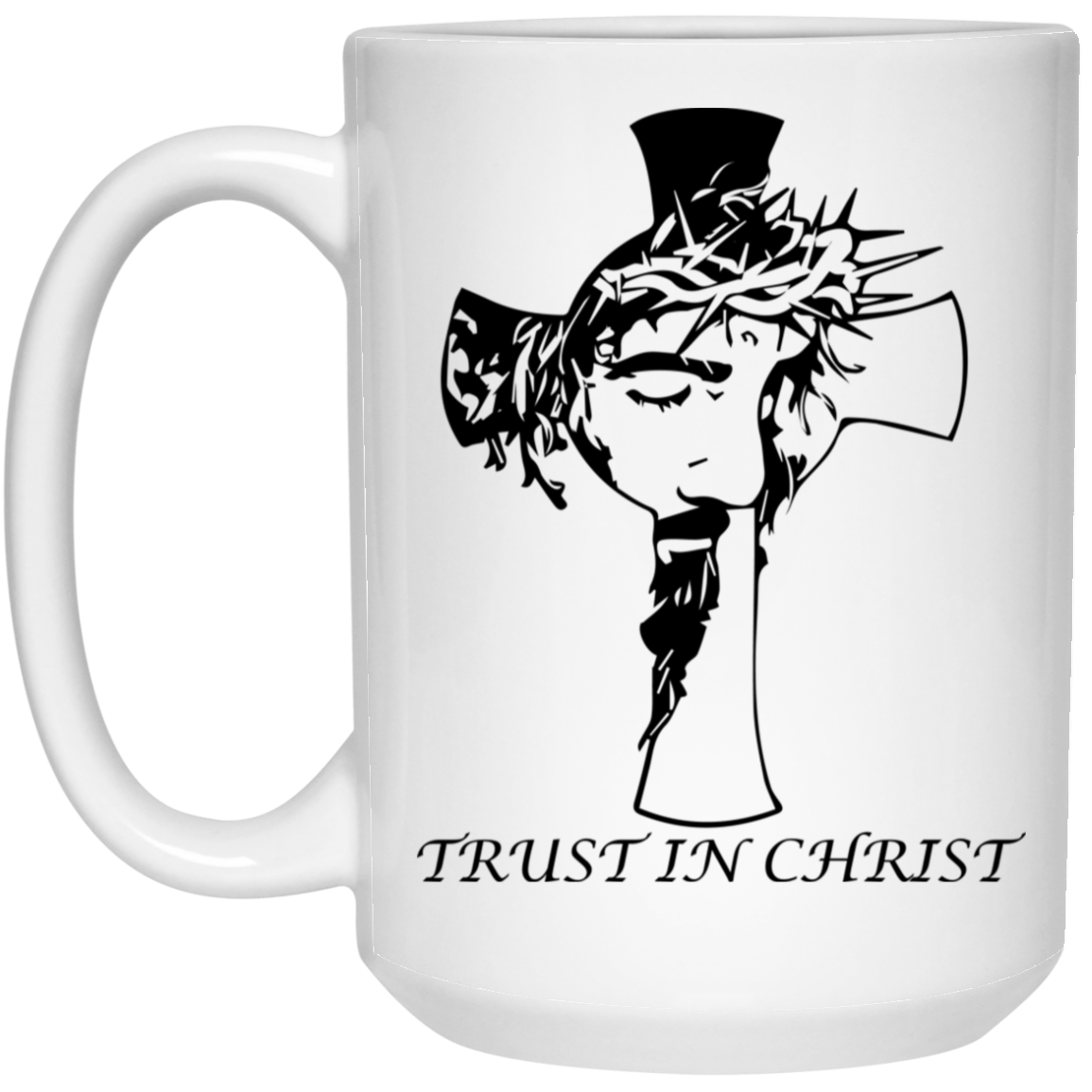 High-quality 15oz white ceramic mug featuring the image of Christ inside a cross with the message “Trust in Christ,”