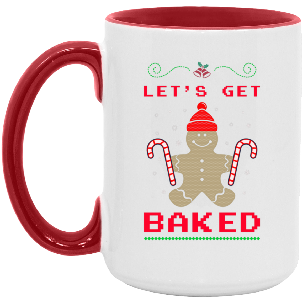 Christmas 15oz red accent ceramic mug with a gingerbread man and "Let's get baked" text, ideal for holiday gifting.