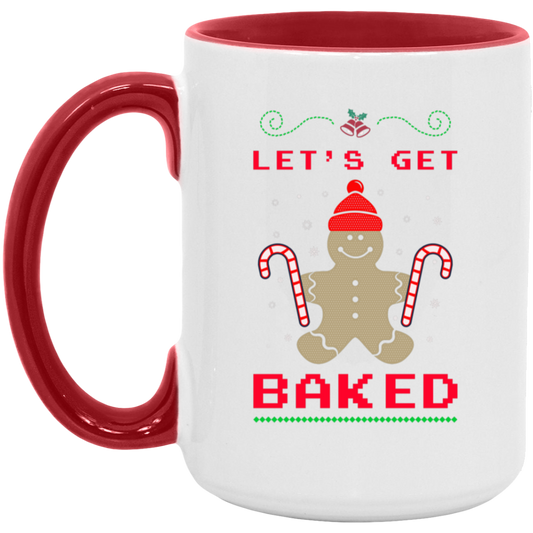 Christmas 15oz red accent ceramic mug with a gingerbread man and "Let's get baked" text, ideal for holiday gifting.