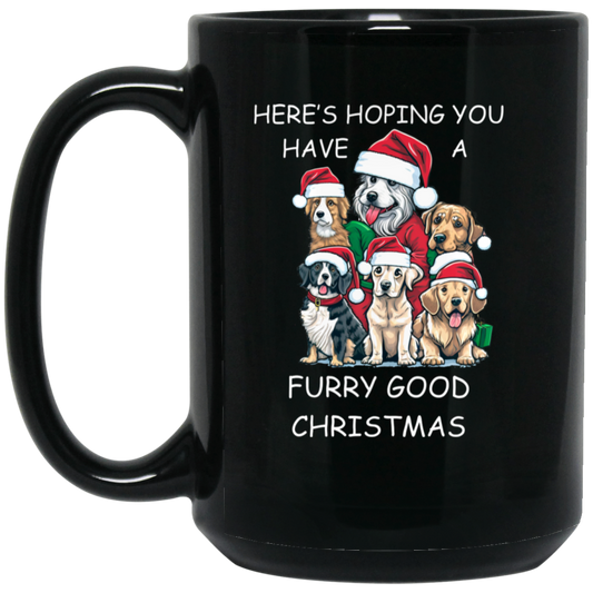 Funny 15oz black ceramic mug featuring dogs in Santa hats and the text "Here's to hoping you have a furry good Christmas," perfect gift for dog lovers and holiday humor enthusiasts.