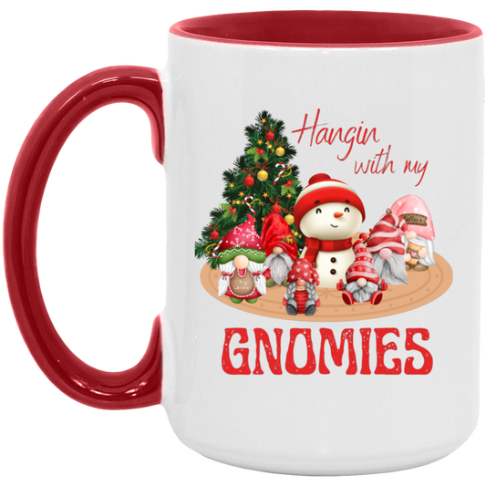 15oz red accent ceramic mug featuring a snowman and gnomes with "Hangin' with my gnomies" text, great for holiday gifting.