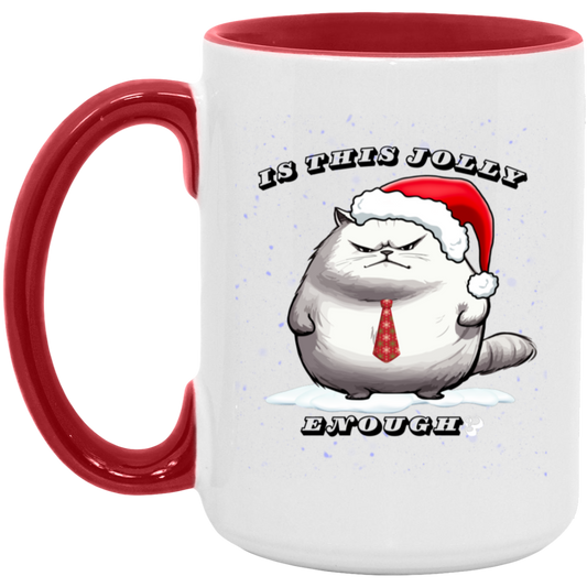 15oz red accent ceramic mug featuring an angry cat with "Is this jolly enough?" text, ideal for holiday gifting.