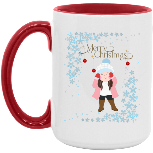 15oz red accent ceramic mug featuring a girl in the snow with "Merry Christmas" text, ideal for holiday gifting.