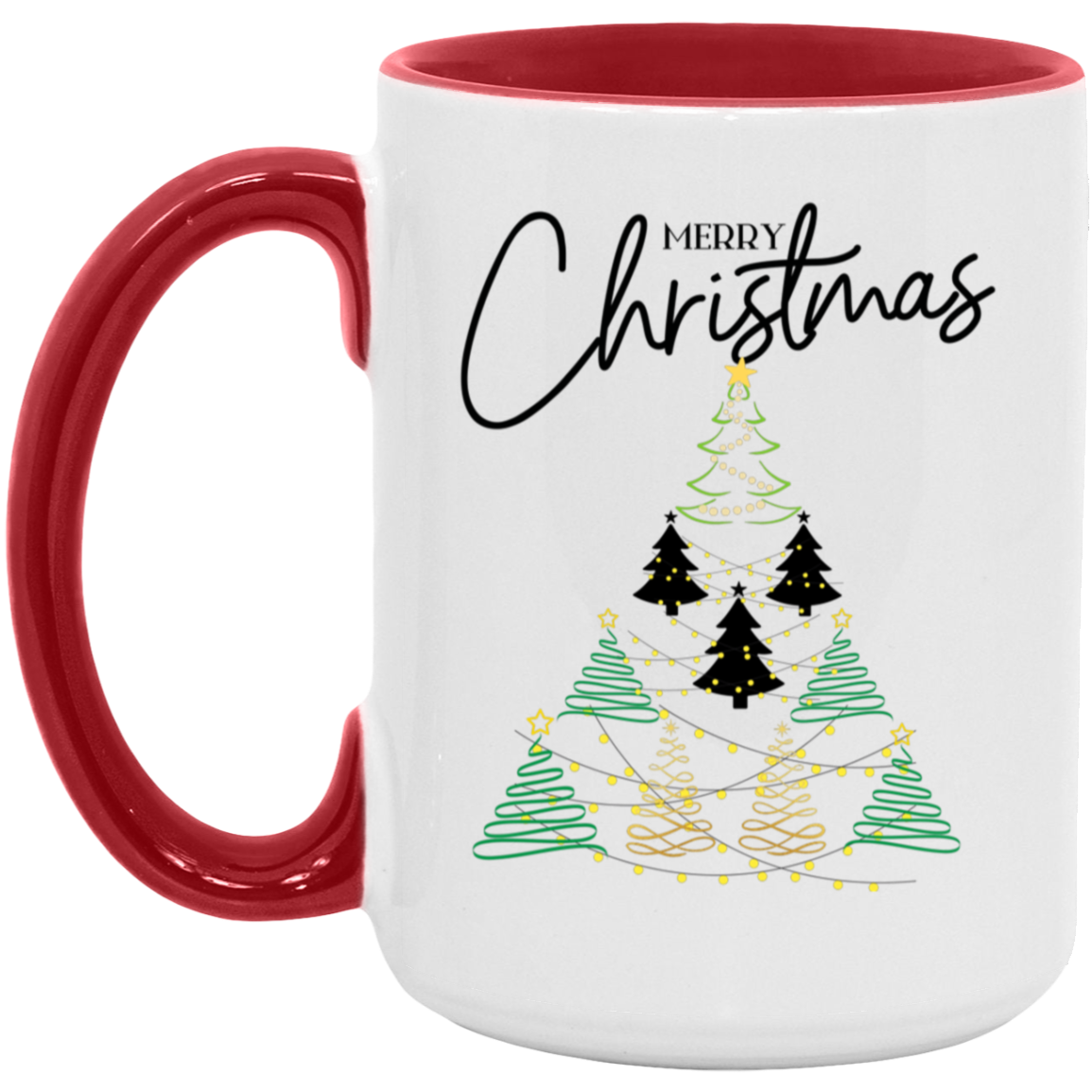 15oz red accent ceramic mug with a Christmas tree design and "Merry Christmas" text, great for holiday gifting