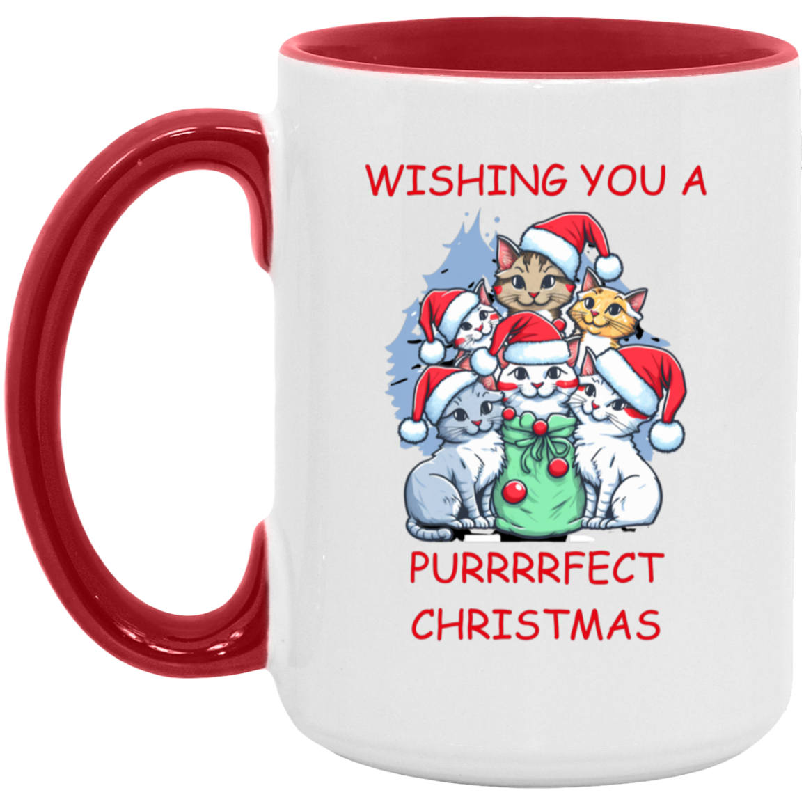 15oz red accent ceramic mug featuring cats in Santa hats with "Wishing you a purrrfect Christmas" text, perfect for holiday gifting.