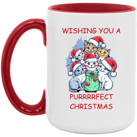 15oz red accent ceramic mug featuring cats in Santa hats with "Wishing you a purrrfect Christmas" text, perfect for holiday gifting.