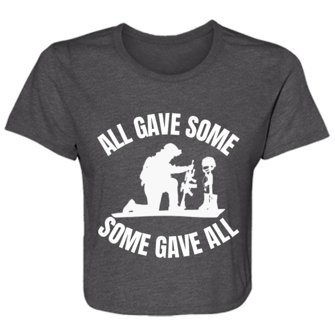 dark grey heather women's flowy cropped tee featuring a kneeling soldier and heartfelt quote 'All gave some, some gave all' - stylish casual shirt for patriotic women