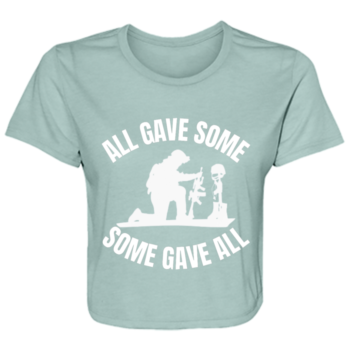 dusty blue women's flowy cropped tee featuring a kneeling soldier and heartfelt quote 'All gave some, some gave all' - stylish casual shirt for patriotic women