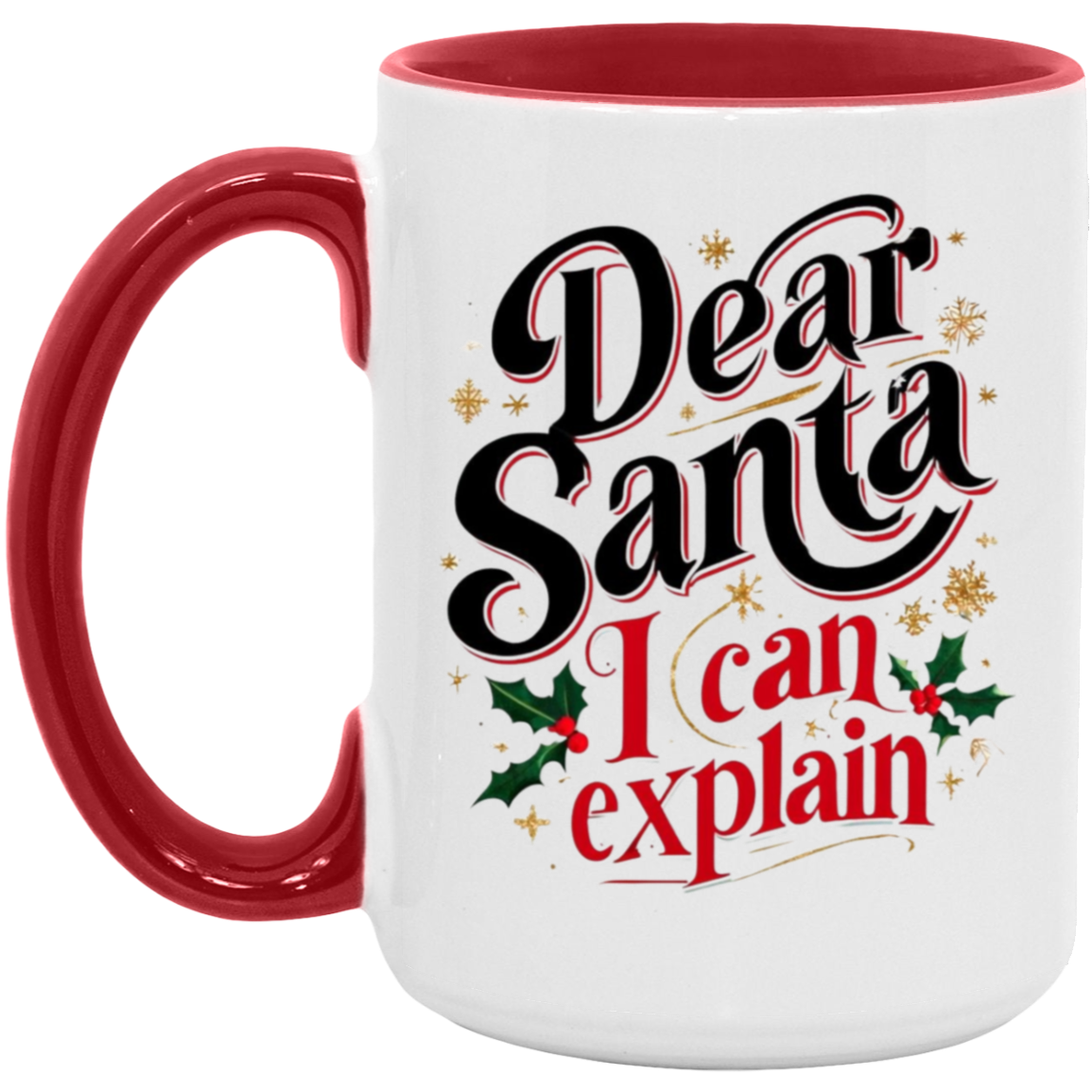 Christmas 15oz red accent ceramic mug with funny text, "Dear Santa, I can explain"