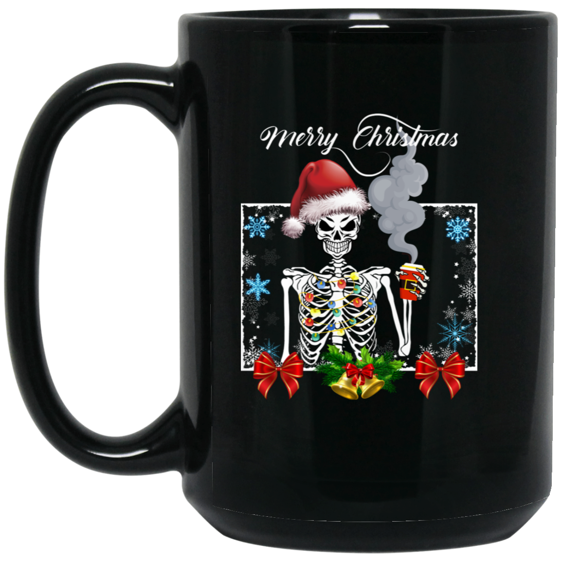 Funny Skeleton Santa Mug - 15oz black ceramic mug with a skeleton in a Santa hat, Christmas lights, and 'Merry Christmas' text design