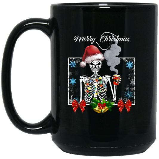 Funny Skeleton Santa Mug - 15oz black ceramic mug with a skeleton in a Santa hat, Christmas lights, and 'Merry Christmas' text design