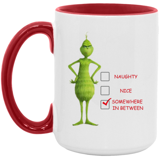 15oz red accent ceramic mug featuring the Grinch's checklist "Naughty, Nice, Somewhere in Between," perfect for holiday gifting.