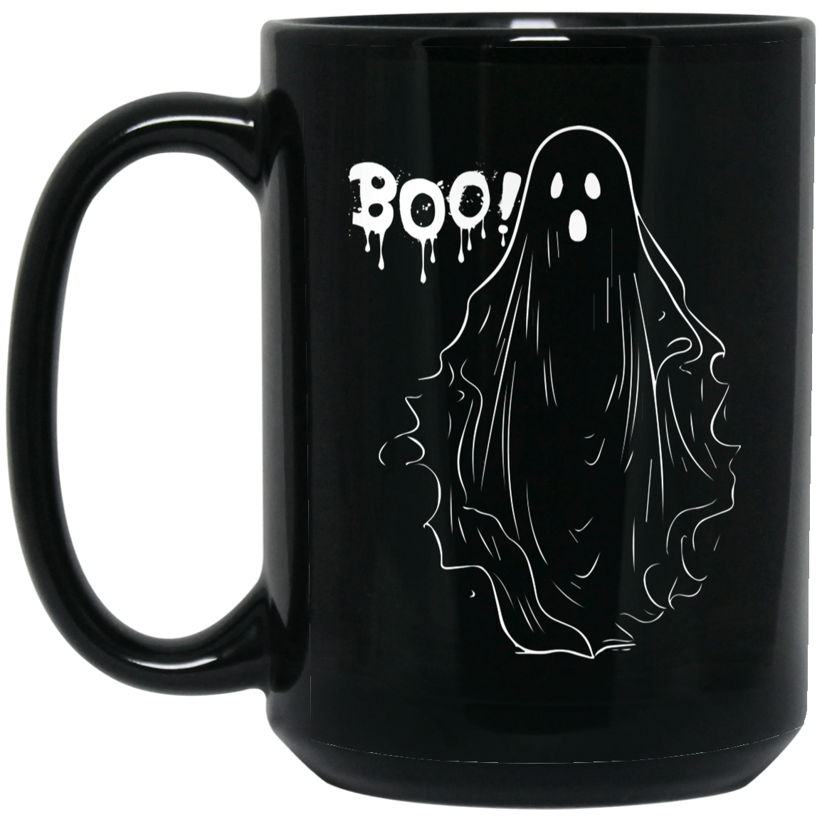 "Ghostly 'BOO' Mug - 15oz black ceramic mug featuring a spooky ghost and 'BOO' text design."