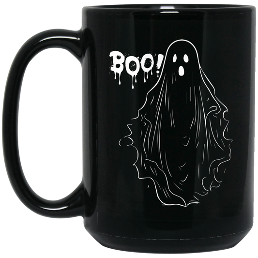 "Ghostly 'BOO' Mug - 15oz black ceramic mug featuring a spooky ghost and 'BOO' text design."