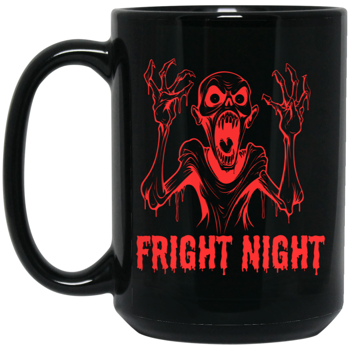 Scary Zombie Mug - 15oz black ceramic mug featuring a ghoulish screaming zombie and 'Fright Night' text design