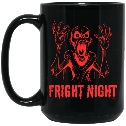 Scary Zombie Mug - 15oz black ceramic mug featuring a ghoulish screaming zombie and 'Fright Night' text design