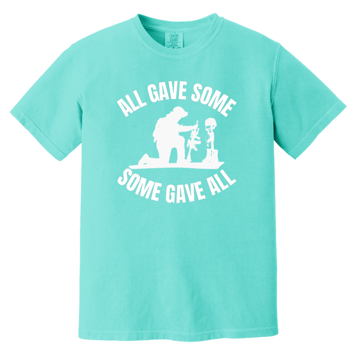 Lagoon Blue Heavyweight Garment-Dyed T-shirt featuring the quote 'All gave some, some gave all,' displayed without a background, showcasing a comfortable fit and soft fabric, ideal for casual wear or as a thoughtful gift.