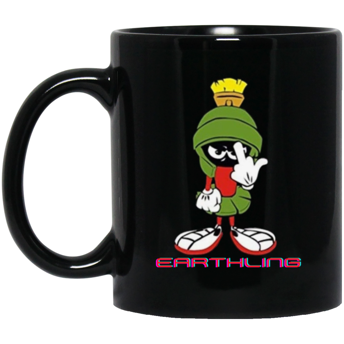 Unique 11oz black ceramic mug featuring Marvin the Martian flipping the bird with 'Earthling' text below