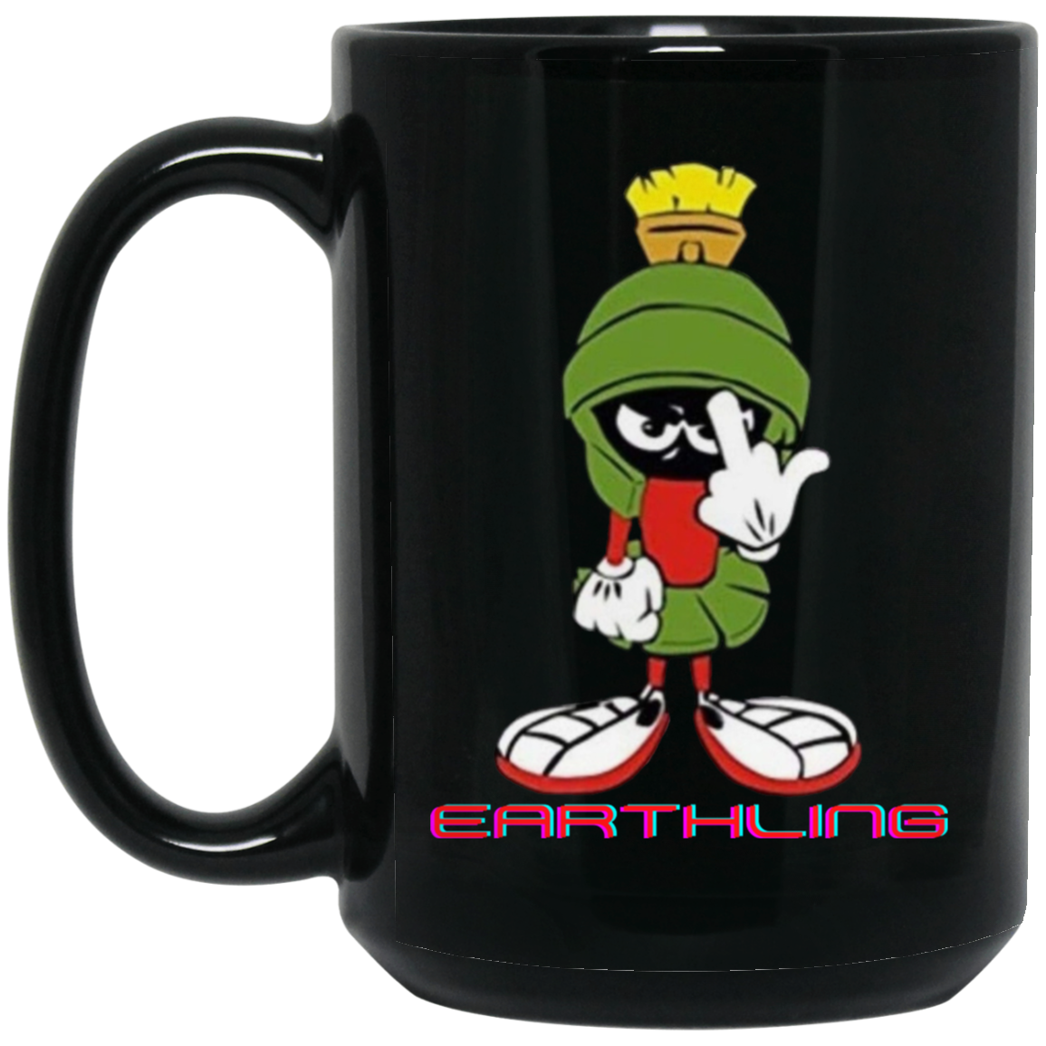 Unique 15oz black ceramic mug featuring Marvin the Martian flipping the bird with 'Earthling' text below