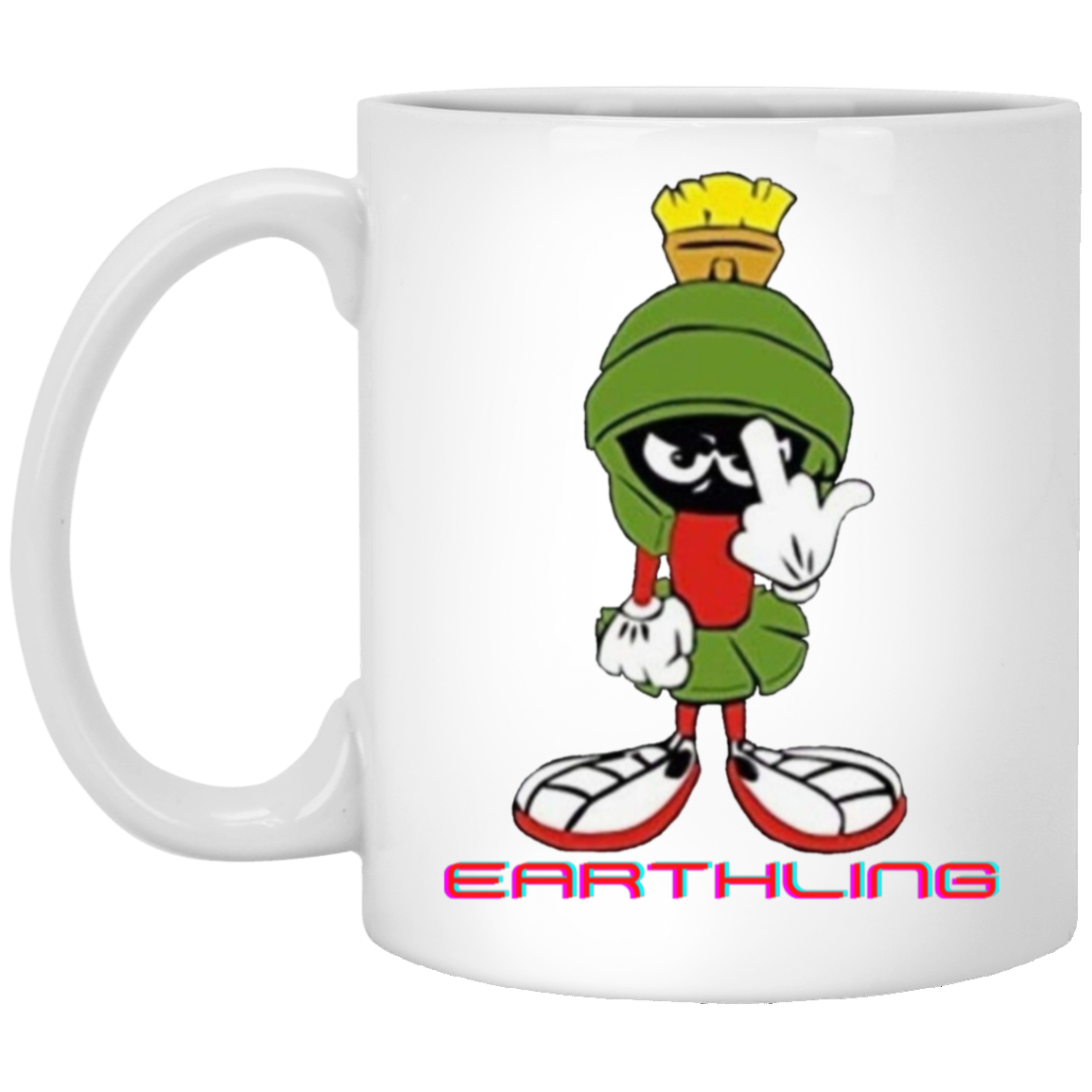 Unique 11oz white ceramic mug featuring Marvin the Martian flipping the bird with 'Earthling' text below