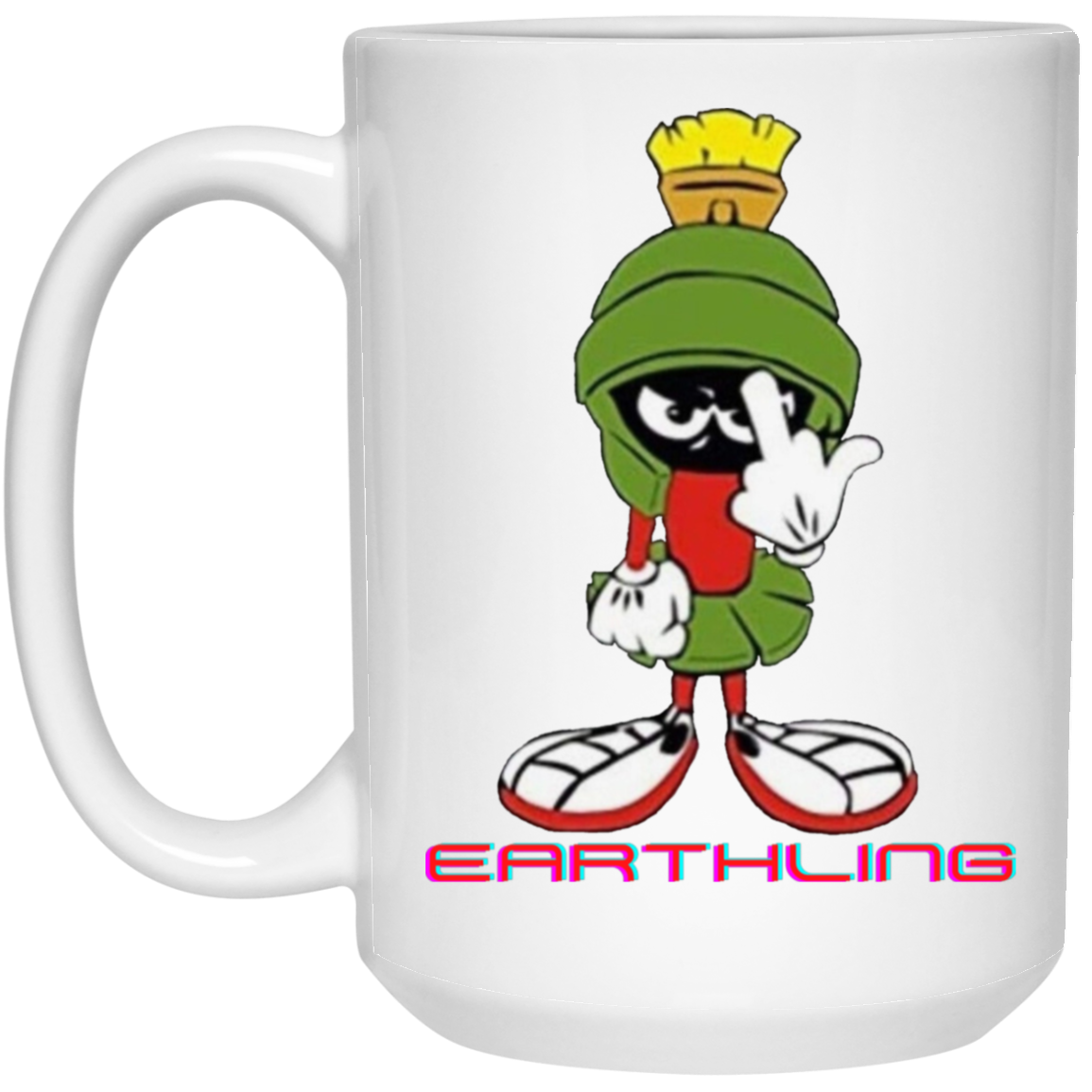 Unique 15oz white ceramic mug featuring Marvin the Martian flipping the bird with 'Earthling' text below