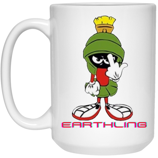 Unique 15oz white ceramic mug featuring Marvin the Martian flipping the bird with 'Earthling' text below