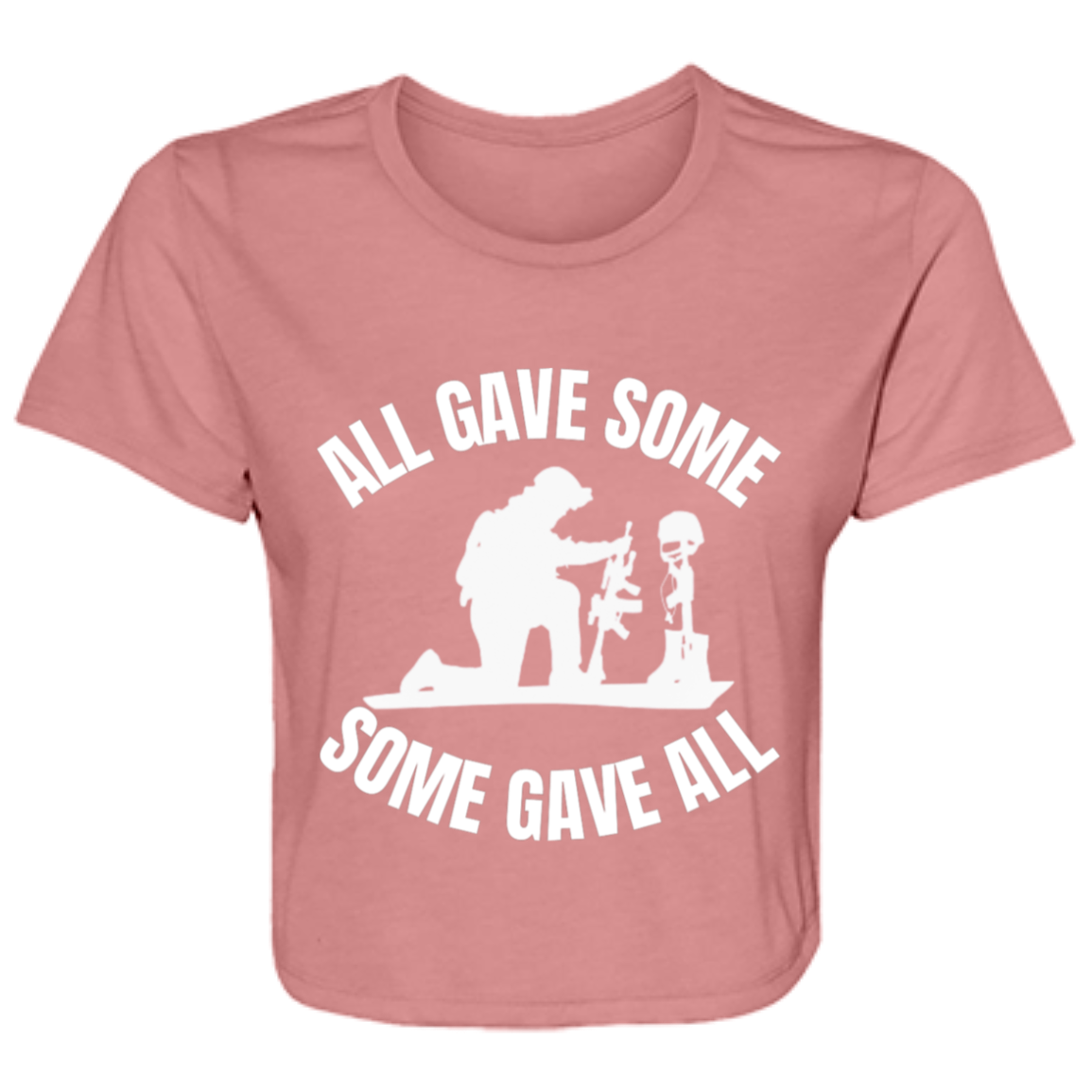 mauve women's flowy cropped tee featuring a kneeling soldier and heartfelt quote 'All gave some, some gave all' - stylish casual shirt for patriotic women