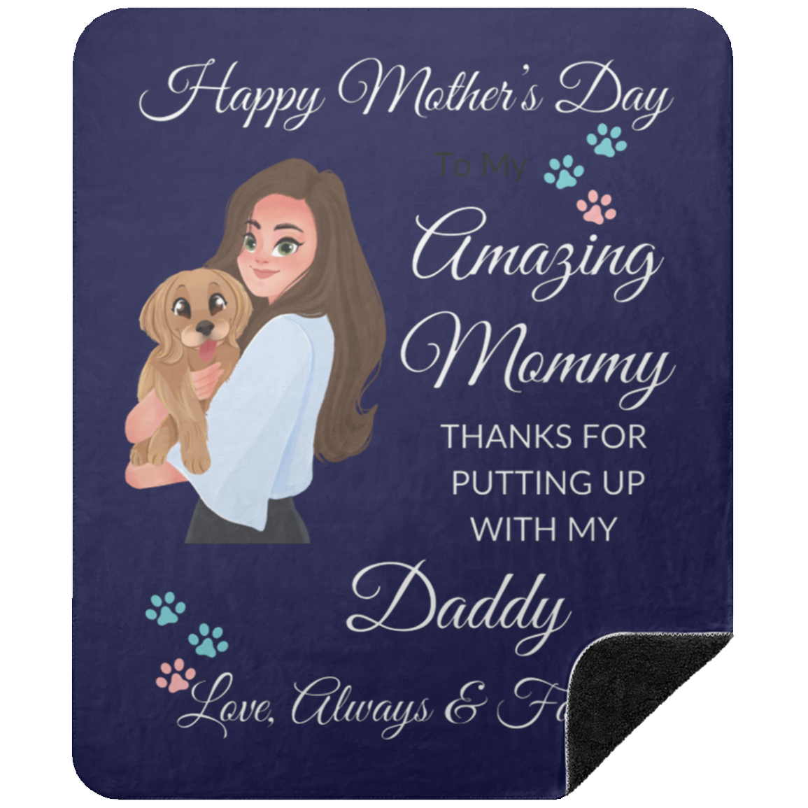 Premium black sherpa blanket for Mother's Day with silky smooth navy blue front and fluffy black sherpa back, featuring a heartfelt message for mom.