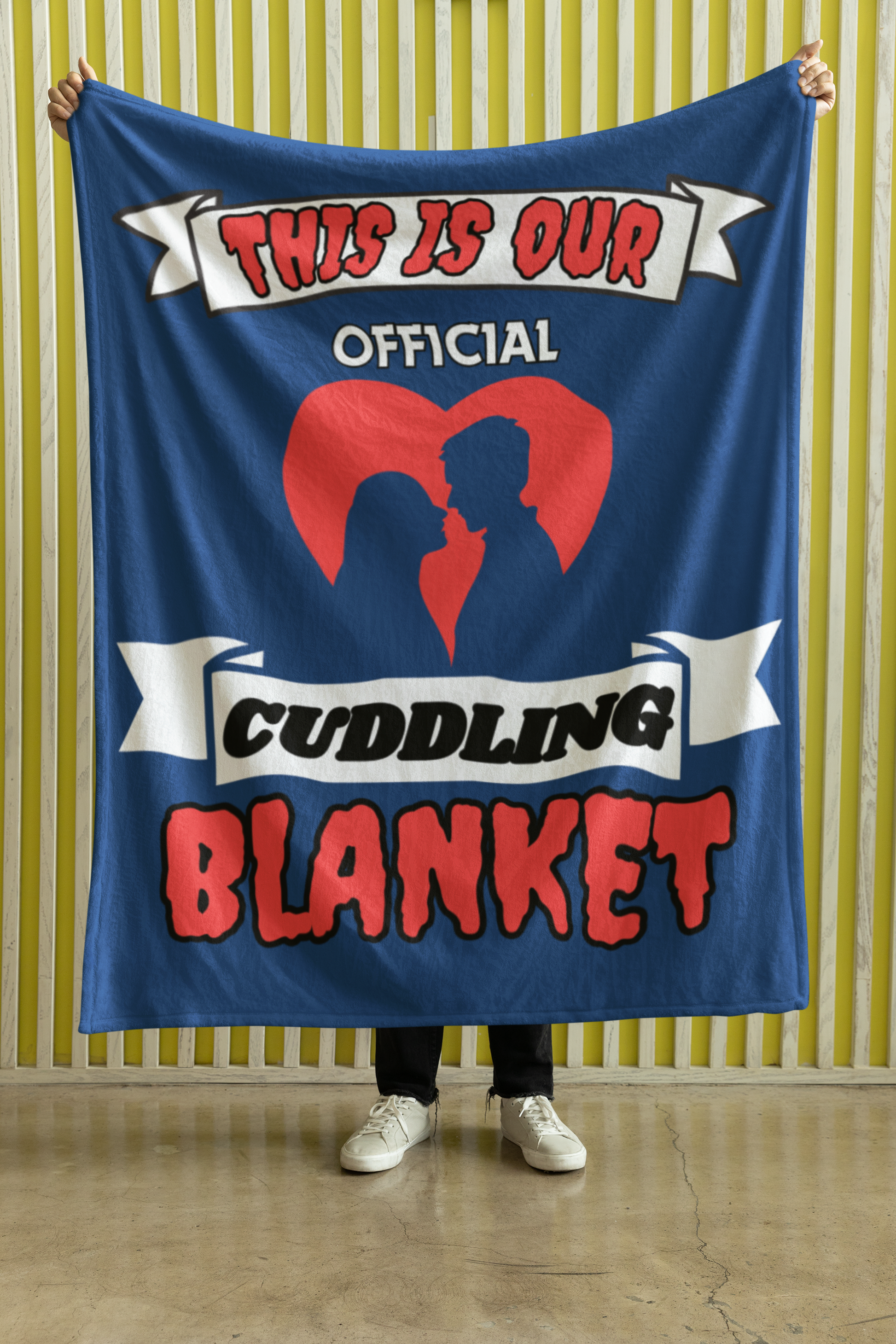 navy premium Black Sherpa Blanket with 'This Is Our Official Cuddling Blanket' design, featuring a heart and silhouette of a couple, perfect for cozy nights.