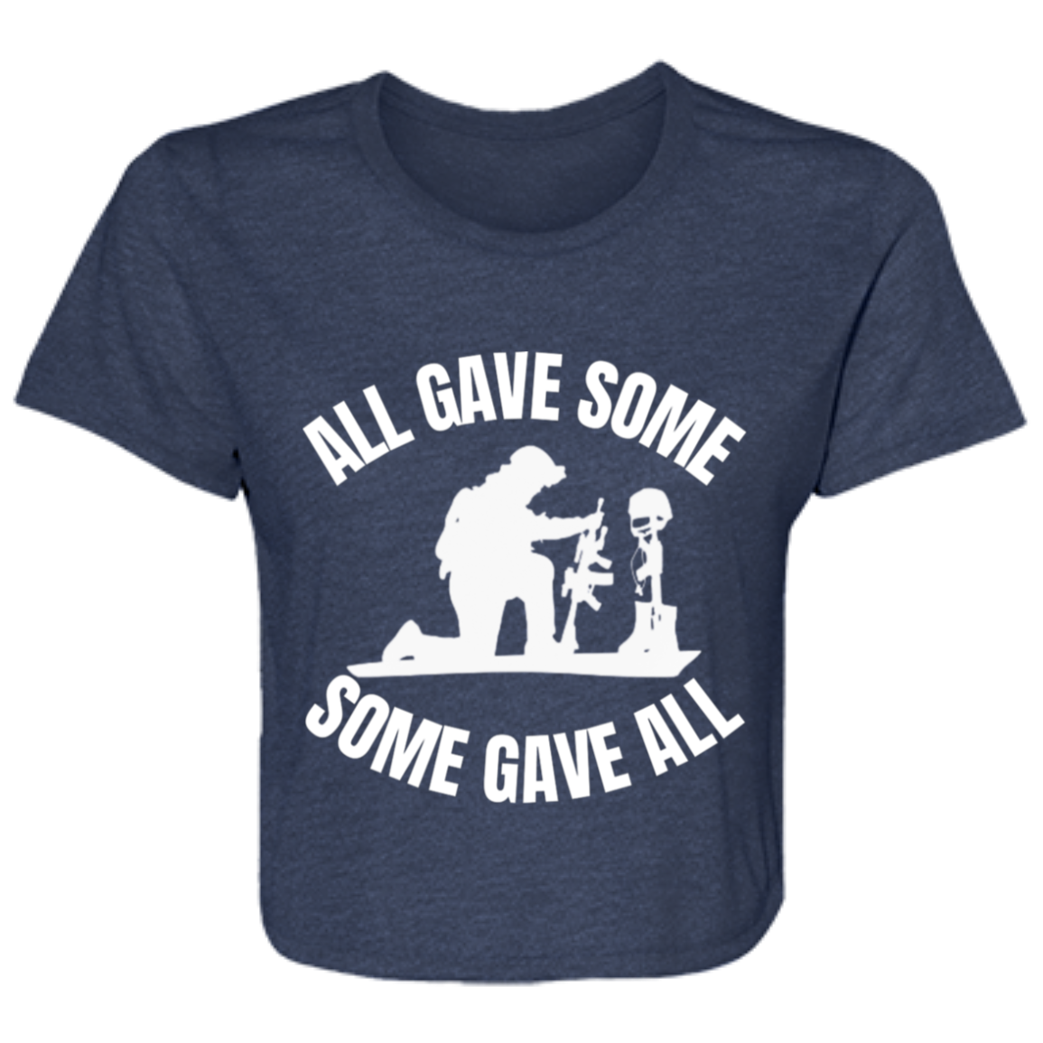 navy women's flowy cropped tee featuring a kneeling soldier and heartfelt quote 'All gave some, some gave all' - stylish casual shirt for patriotic women